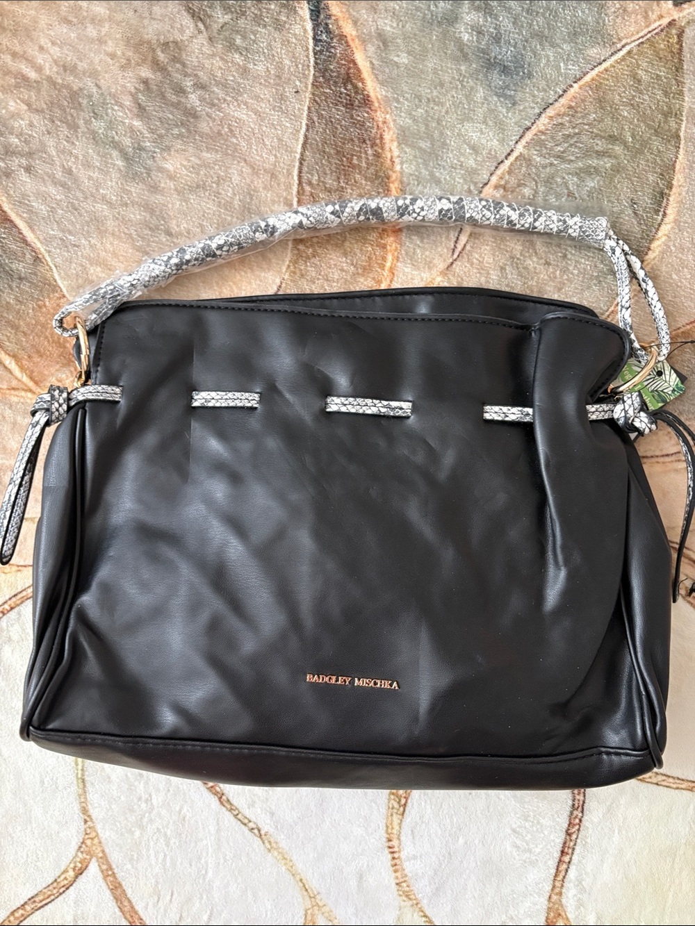 Badgley Mischka Black Shoulder Bag with Silver Snake-Print Strap